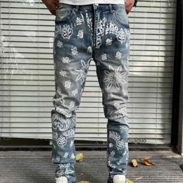 Street amari Jeans amirl Fashion amirlies es am amis Fashion imiri New amiiri High Designer Clothing Brand Jeans Mens Denim Cashew Pants Flower Print Blue Worn L VE63