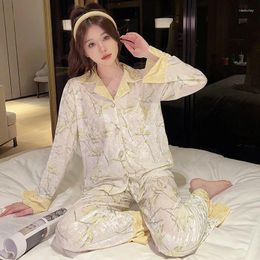 Women's Sleepwear Spring Autumn Lapel Printed Velour Pajamas Set Women 2Pcs Velvet Home Clothing Long Sleeve Nightwear Pyjamas Suit