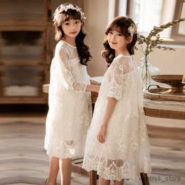Girl's Dresses Teen Girls White Lace Dress Cute Long Short Sleeve Princess Wedding Party Dress 2023 Summer New Kids Clothes 4-16Y