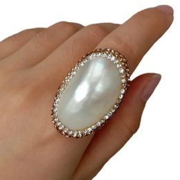 Band Rings Natural White Shell Trimmed With Golden Crystal Ring Adjustable 231218