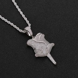 Iced Out Rose Flower Necklace Pendant Gold Silver Rosegold Cubic Zircon Bling Men Hip Hop Jewelry240V