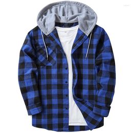 Men's Casual Shirts Mens Spring Autumn Plaid Print Hooded Loose Flannel Harajuku Korean Long Sleeve Street Coats