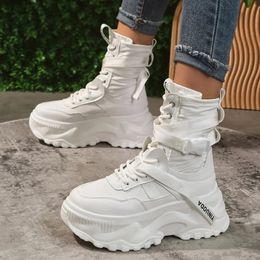 Boots White Chunky Platform Motorcycle Boots Women Buckle Lace Up Thick Bottom Ankle Boots Woman Autumn Fashion Vulcanised Shoes 231219