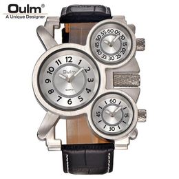 Wristwatches OULM Mens Vintage Steampunk Punk Leather Band Watches 3 Time Zone Japan Movement Rock & Roll Style Casual Quartz Mont278G