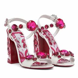 2024 women Ladies Genuine patent sandals dress shoes 6CM chuckly high heels peep-toe wedding party sexy print buckle Strap diamond Bohemia colourful pink size 35-43