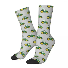 Men's Socks Casual Green Tractors On Grey Farming Soccer Polyester Middle Tube For Unisex Non-slip