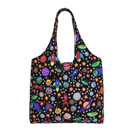 Shopping Bags Cartoon Planets Rockets In Space Reusable Grocery Foldable Washable Tote With Pouch