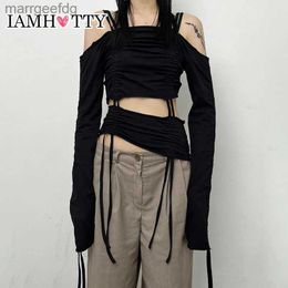 Women's Blouses Shirts IAMHOTTY Personality Off Shoulder Drawstring Tops Y2K Grunge Cut Out Sexy Asymmetrical Top Long Sleeve Slim-fitting Retro Tees YQ231219