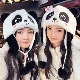 Berets Cartoon Panda Winter Plush Hat Cute Ear Protection Warm Lined Beanie Windproof Thicken Bear Ears