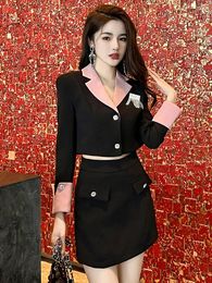 Two Piece Dress Fashion Sweet 2 Outfits Women Pink Black Contrast Tassels Crop Tops Suit Coat Jacket Mini Shorts Skirt Work Business Sets
