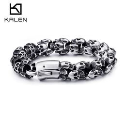 Kalen Large Stainless Steel Shiny Skull Charm Bracelets Men's Bracelet Boy Punk Skeleton Fashion Jewellery Gift To Big Men266L
