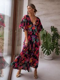 Dresses 2022 Boho Floral Printed Vneck Short Sleeve Self Belted Cotton Dress Tunic Women Summer Clothes Street Wear Maxi Dresses A1341