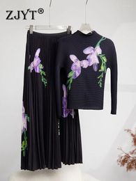 Work Dresses ZJYT Autumn Floral Print Dress Sets 2 Piece For Women Black Midi Pleated Skirt Top Suit Outfit Holiday Conjuntos De Vestidos
