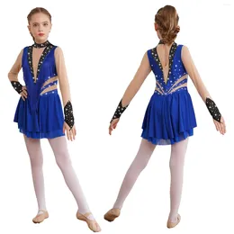 Stage Wear Kids Girls Figure Skating Costume Ballet Lyrical Dance Dress Rhinestone Long Sleeve Fringed Latin Tango Cha-Cha Samba Dancewear