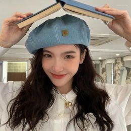 Berets Denim Beret Hat For Women Metal C Spring Autumn Bristish Artist Painter Cap JK Korean Girl Sboy Octagonal Caps