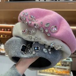 Berets French Beret Thick Rhinestone Decor Brimless Thermal Wool Artist Style Painter Hat Women Warm Headwear Cap Beanies