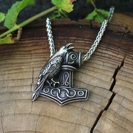 Pendant Necklaces 1pcs Men Stainless Steel Viking Raven Nordic Pagan Necklace Raven's Mjolnir Hammer257O