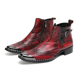 Red Belt Buckle Ankle Boots for Men Square Toe High Top Retro Casual Men's Boots British Style Boots Wedding Shoes