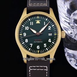 Top Quality 39mm Miyota 9015 Automatic Mens Watch Bronze IW326802 Olive Green Dial Brown Leather Gents Sport Watches272S
