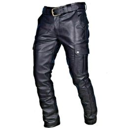 Men's Pants Men Trousers Black Leather Motorcycle Cargo Pockets Vintage Steampunk Clothing for Party Punk Style 231218