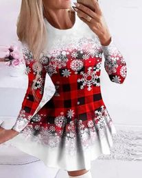 Casual Dresses Womens 2023 Spring Fashion Christmas Snowflake Plaid Print O-Neck Long Sleeve Mini A Line Dress