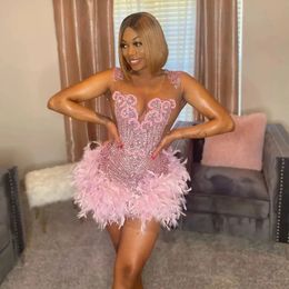 Urban Sexy Dresses Feather Pink See Through Short Black Girl Prom Dresses Beaded African Cocktail Dresses Women Party Gowns Birthday Homecoming 231219