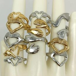 Cluster Rings Heart Hand Sign Hug Wholesale 20/50pcs Mix Gold Plate Stainless Steel Men Women Ring Party Couples Jewelry Accessories