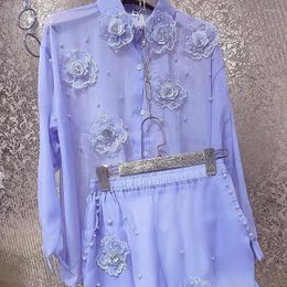 Women's Tracksuits Luxury Pearls Beaded 3D Flowers Silk Yarn Shirts Purple Floral Embroidery Chiffon Blouses Cardigan Tops Straight Shorts