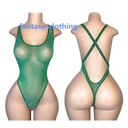 Factory OEM Nylon Mesh One Piece Lingerie Ladies Sexy Rhinestone Exotic Dancewear Women Night Club Clothes Stripper Outfit