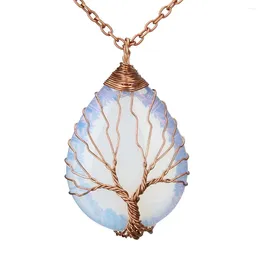 Pendant Necklaces Bronze Color Wire Wrap Tree Of Life Water Drop For Women Necklace Natural Stone Crystal Black Onyx Opal Reiki Jewelry