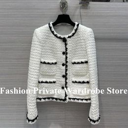 Fur Retro Tweed Jacket Women Crochet Lace Patchwork Contrast Color Oneck Single Breasted Four Pockets New Autumn Sweet Coat