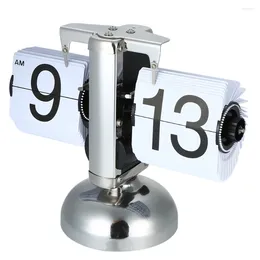 Table Clocks Clock Retro Small Scale Auto Flip Decorative Desk Stainless Steel Internal Gear Quartz Desktop Home Decor