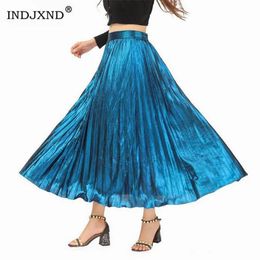 Dresses Indjxnd Long Pleated Skirt Women Fashion Autumn Winter Loose High Waist Midi Skirt Female Metallic Gold Maxi Female's Bottoms