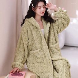 Women's Sleepwear Thickened Coral Fleece Warm Robe Pyjamas Set Winter Flannel Hooded Pyjama Pour Femme Loose Homewear Lounge Wear