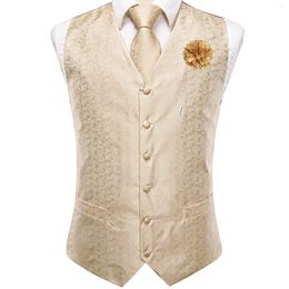 Men's Vests Hi-Tie Men Silk Luxury Champagne Paisley Waistcoat Neck Tie Hanky Cufflinks Brooch Set For Suit Wedding Party Designer