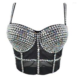 Women's Tanks Crop Top With Built In Bra Summer Mesh Rhinestone Club Party Corset Bustier Tops Sleeveless Off Shoulder Women Clothes