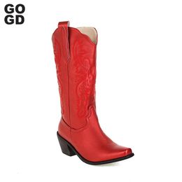 Gogd 359 Western Cowboy Mid Polf Scarpe da donna Spike Cuggino Punta Slip di punta su Boot autunnali da ricami Cowgirls 231219