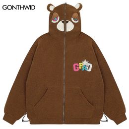 Men's Down Parkas Men Plush Teddy Bear Jacket with Ears Streetwear Hip Hop Embroidery Full Zip Up Fuzzy Fleece Lamb Wool Fluffy Thick Warm Coats 231219