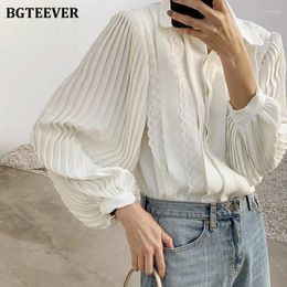 Women's Blouses BGTEEVER Stylish Lapel Women Pleated Long Sleeve Tops Elegant Single-breasted Female Loose Solid Shirts Ladies