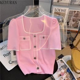 Women's Sweaters Summer Sweater Knit T-shirt Casual Short Sleeve Woman Clothes Versatile Square Collar Lady Pullover Knitwear Tops Jumper