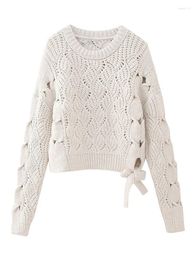 Women's Sweaters White Hollow Out Crochet Pullover Women Winter O-neck Bow Sweety Warm Tops Female Long Sleeve Loose Knitted Sweater