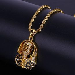 Hip Hop Men Gold 24 Inch Chain Cubic Zircon Music Head Microphone Pendant Necklace Whole191S