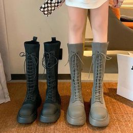 Boots Lace-up Long Womens Elastic Sock Autumn Style Japanese Platform Knee-High Single Lolita Shoes