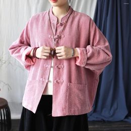 Women's Jackets Johnature Women Vintage Corduroy Stand Long Sleeve Autumn Coats Button Solid Color Patchwork Pockets 2023