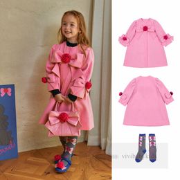 2024 Spring girls flower Bows trench coat kids round collar long sleeve outwear sweet children pink rose princess coat Z6152