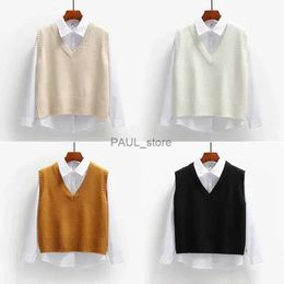 Women's Sweaters Women Knitted Sweater Vest 2022 Spring Autumn Short Loose Vintage Sweater Sleeveless Girls V-Neck Pullover Tops Female OuterwearL231213