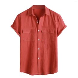 Men's Casual Shirts Solid Colour Short Sleeve Top Shirt Summer Lapel Button Double Pocket Tunic Daily Wear Vacation Travel Beachwear