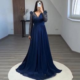 New Arrival Navy Blue Evening Pageant Dress 2024 Glitter Sequin Long Sleeves V-Neck Chiffon Prom Party Formal Gowns Vestidos De Feast Robe De Soiree