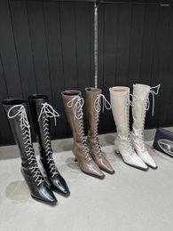 Boots Pointed Toe Women Knee High Cross Tied Lace Up Thin Heels Back Zipper 2023 Arrivals Black Khaki White Winter Bota