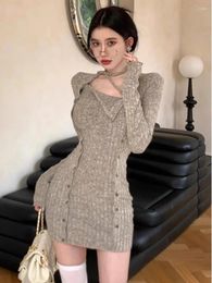 Casual Dresses Advanced Grey Neck Hanging Knit Dress Women Autumn Fashion Design Sense Spicy Girl Solid Long Sleeve Wrap Hip Slim Skirt